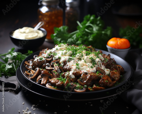 Beef Stroganoff is a Russian dish of beef fried