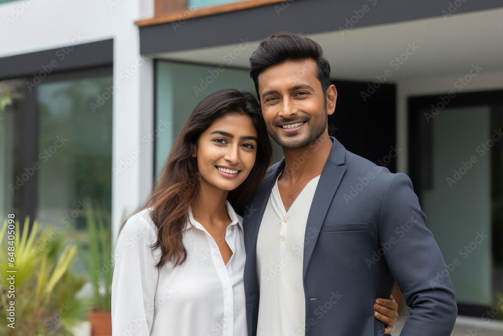 Young indian couple standing together in front of new home - obrazy, fototapety, plakaty 