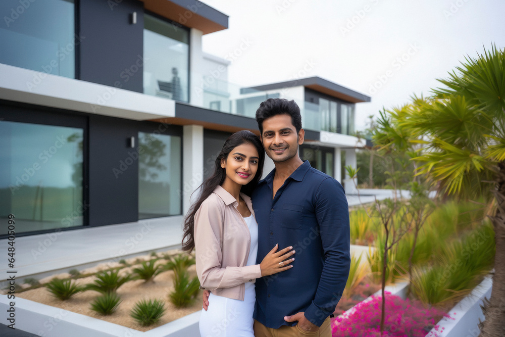 Young indian couple standing together in front of new home