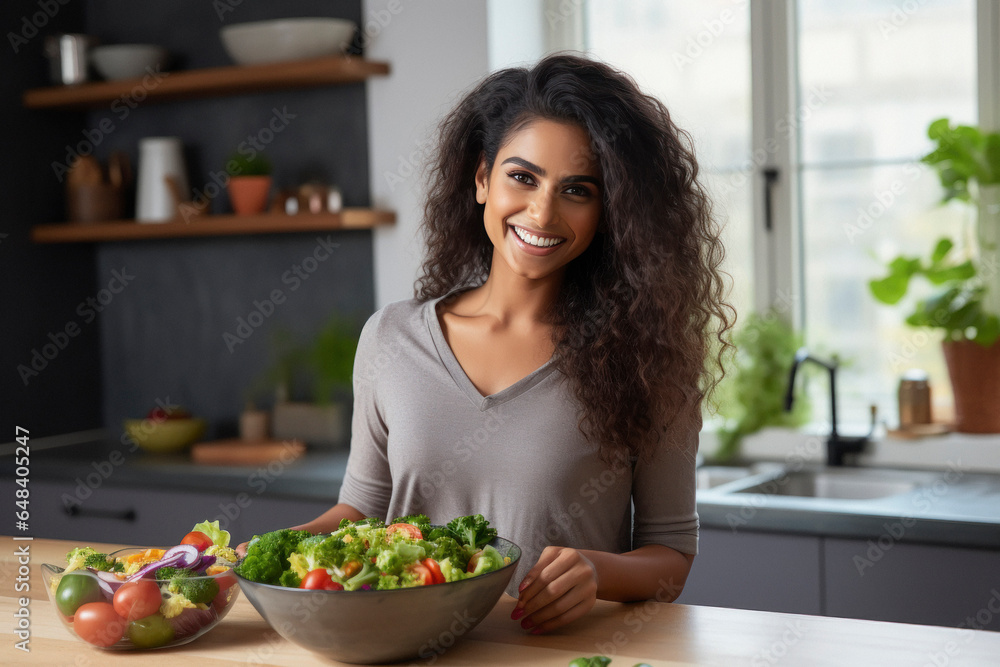 Young woman smiling and holding bowl with fresh vegetable
