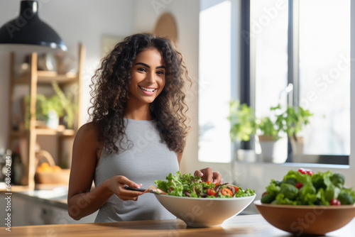 Young woman smiling and holding bowl with fresh vegetable