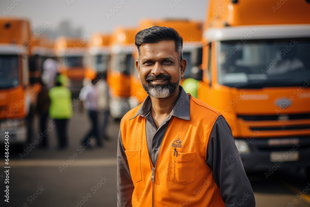 indian male driver standing in front of truck. indian male driver standing in front of truck.