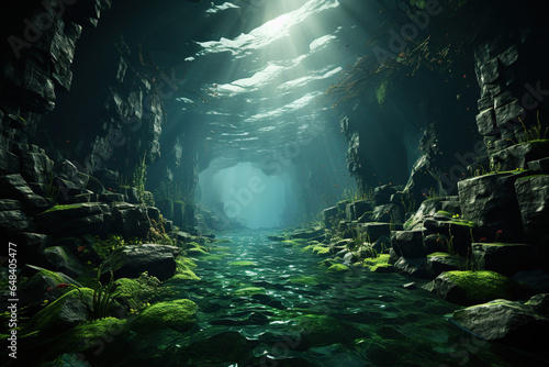 Underwater scene. 3D render of an underwater landscape with a cave. © ZeeZaa