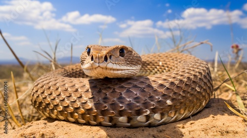 a rattlesnake coiled and ready to strike, highlighting its iconic rattling tail and venomous presence © Ishtiaaq