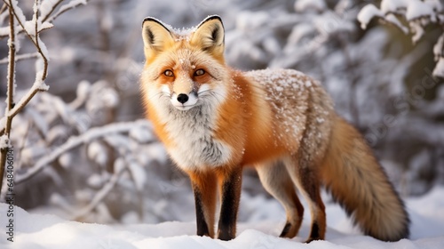 a red fox in a snowy woodland  its fur contrasting beautifully with the winter landscape