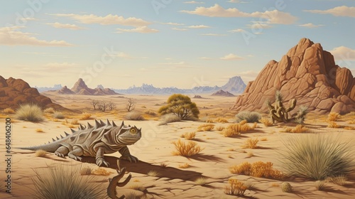 a serene desert landscape with a camouflaged horned lizard blending seamlessly with the arid terrain