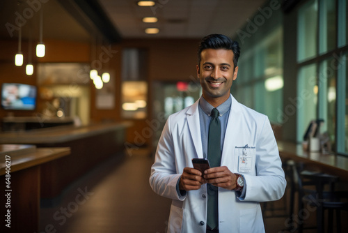 Young male doctor in uniform and using smartphone.