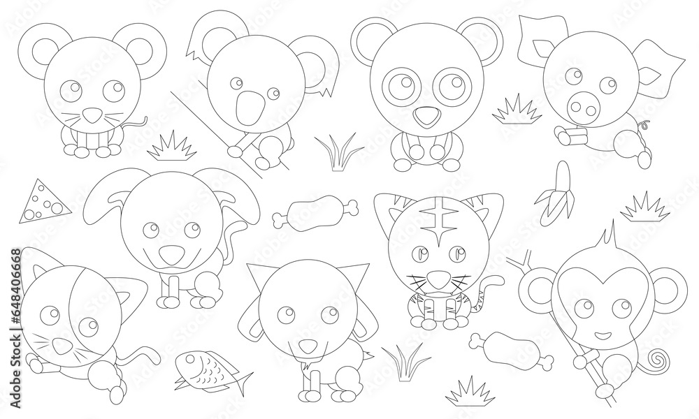 Vector graphics of sketches of various land animals and their food. Can be used for children's books or coloring books