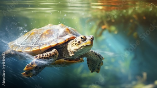 a terrapin swimming gracefully in a clear pond, with sunlight illuminating the water and highlighting its graceful movements © Ishtiaaq