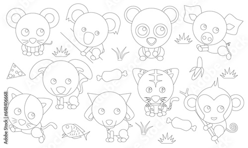Vector graphics of sketches of various land animals and their food. Can be used for children's books or coloring books