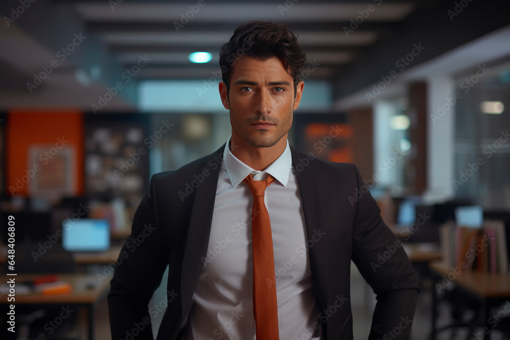 Fototapeta premium young and confident businessman in suit and standing at office.