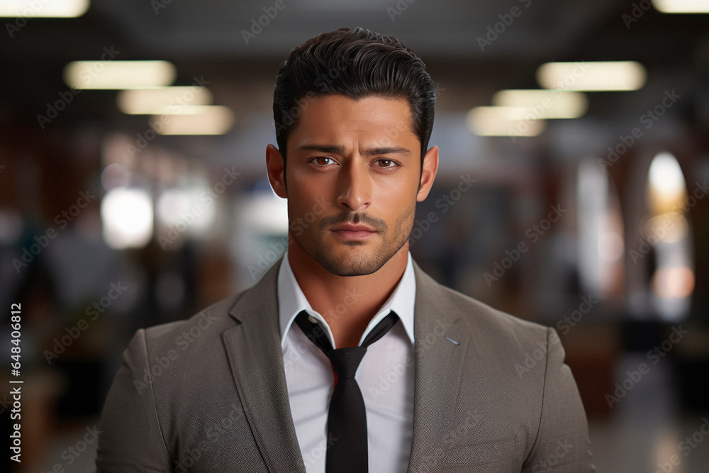 young and confident businessman in suit and standing at office. young and confident businessman in suit and standing at office.