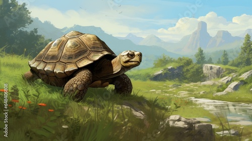 a tortoise ambling across a lush meadow, with its wise and weathered appearance suggesting a long life