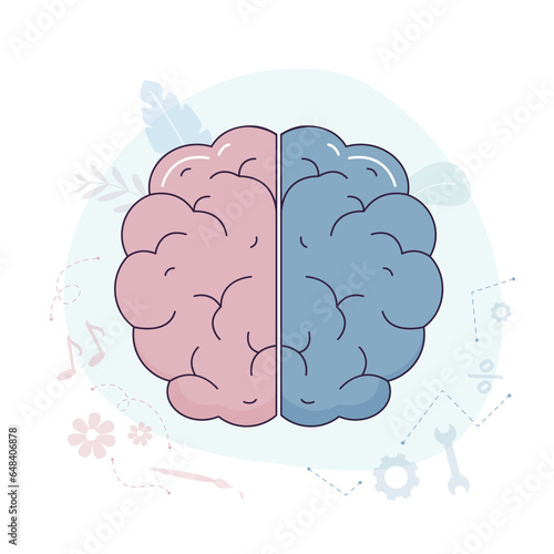Creativity, thinking mind. Left and right brain parts. Brain cerebral hemispheres painterly symbolic colorful figure with flowchart and activity zones.