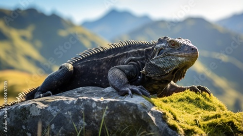 a tuatara  a living fossil  sunbathing on a rocky outcrop in its native New Zealand habitat  displaying its unique crest