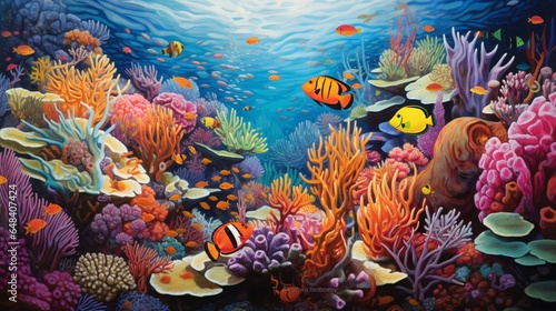 a vibrant coral reef, with a myriad of colorful and intricate sea anemone-dwelling clownfish darting among their stinging hosts