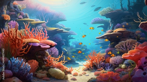 a vibrant coral reef, with a myriad of colorful and intricate sea anemone-dwelling clownfish darting among their stinging hosts