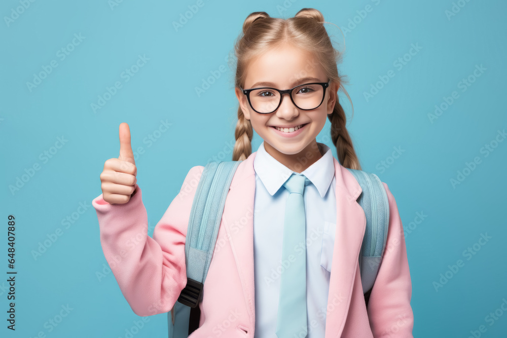 smiling schoolgirl show thumb up finger ion blue background. Back to school smiling schoolgirl show thumb up finger ion blue background. Back to school