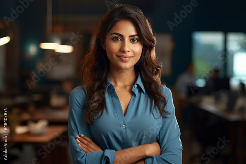 successful female corporate employee standing at office