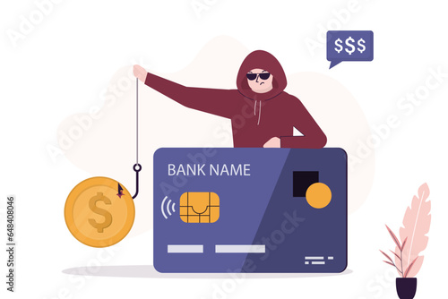 Burglar thief with glasses and hood standing near credit card and holds bait on hook. Thief stealing money from online banking. Problem of capital protection, scamming, phishing.