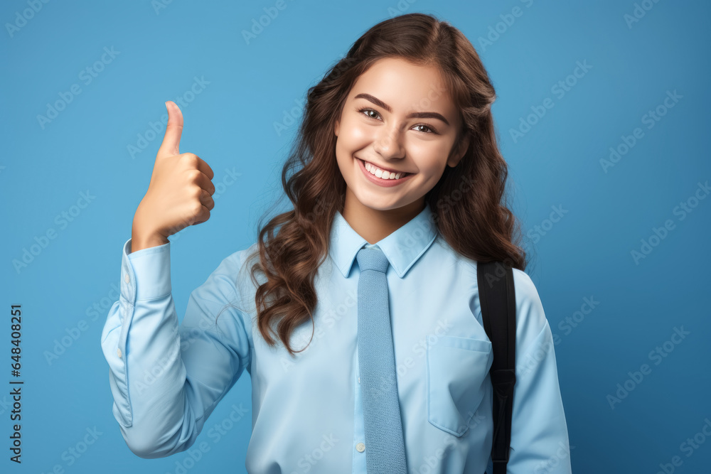 smiling schoolgirl show thumb up finger ion blue background. Back to school smiling schoolgirl show thumb up finger ion blue background. Back to school