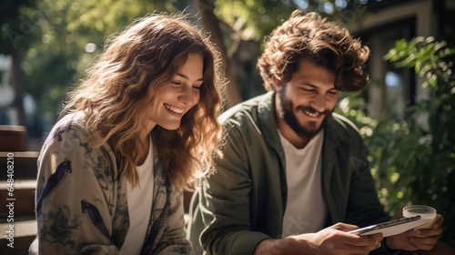 Happy young couple using digital tablet while sitting on a bench in the park