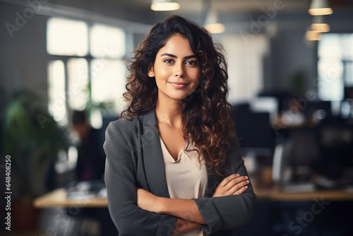 successful female corporate employee standing at office