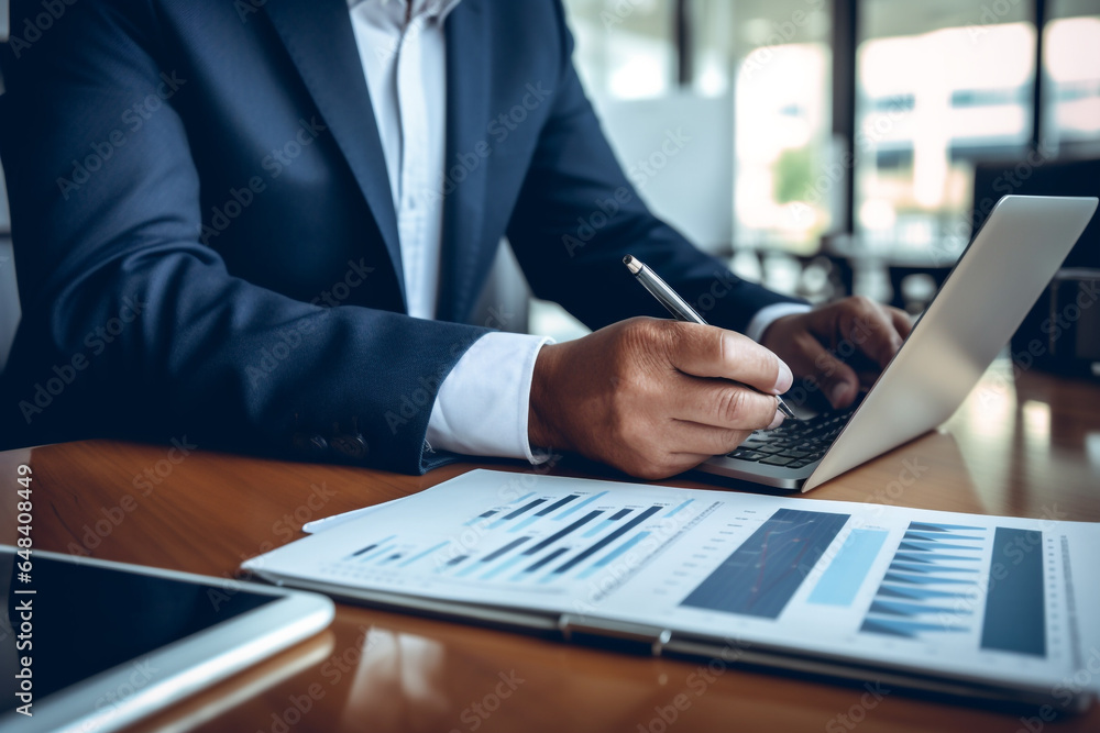 Fototapeta premium Business, finance, law concept. Man hands using tablet with visible chart or diagram. Model with suit. Office in background. Close-up view. Generative AI
