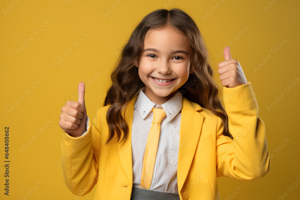 smiling asian schoolgirl show thumb up finger on yellow background. Back to school smiling asian schoolgirl show thumb up finger on yellow background. Back to school