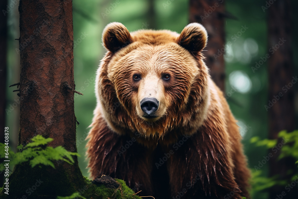 Brown Bear Close Up in Canadian Forest in Summer, aesthetic look Brown Bear Close Up in Canadian Forest in Summer, aesthetic look