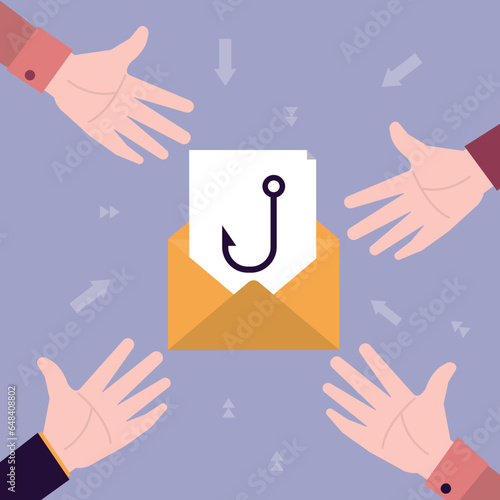 Clickbait, spam and phishing. Hands going to click fake message. Online internet piracy. Financial fraud. Hacker mailing, spamming, hook on paper in an envelope.