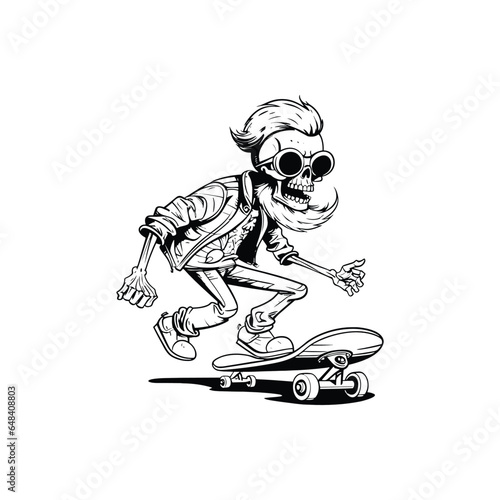 Skeleton Skater. Skeleton jumping on skateboard. Skateboarding character .skull .reaper .skate. black and white hand draw 