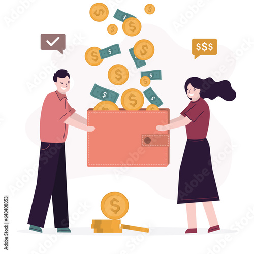 Married couple holding big wallet, shared budget. household receives joint income. family receives passive income or salary. Money falls into wallet. Savings, bank account.
