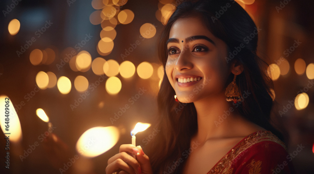 Indian woman holding fulzadi or sparkle in hand and celebrate diwali festival. Indian woman holding fulzadi or sparkle in hand and celebrate diwali festival.