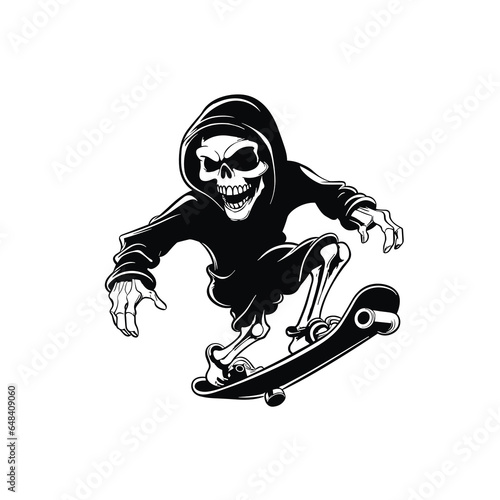 Skeleton Skater. Skeleton jumping on skateboard. Skateboarding character .skull .reaper .skate. black and white hand draw 