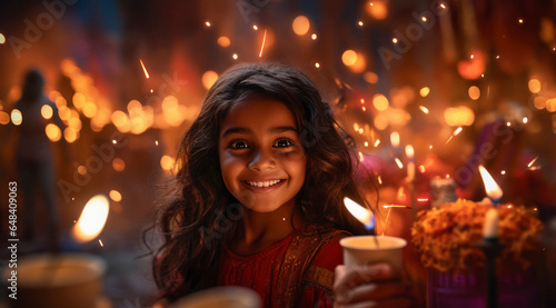 Indian little girl holding oil lamp in hand