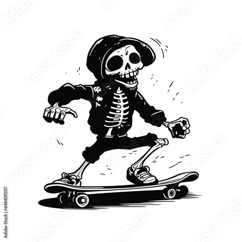 Skeleton Skater. Skeleton jumping on skateboard. Skateboarding character .skull .reaper .skate. black and white hand draw 