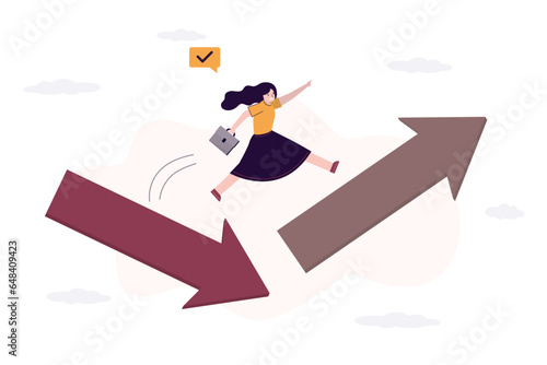 Smart businesswoman investor jumping from falling to rising up arrow. Overcoming business obstacles. Economic and investment improvement or recover from crisis