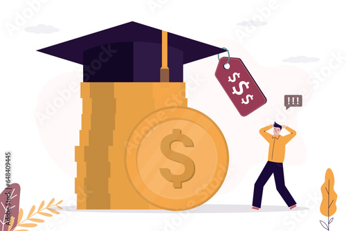 Male student shocked by high price of tuition. graduate hat with price tag lies on stack of gold coins. problem of education accessibility. poor student cannot pay for tuition.
