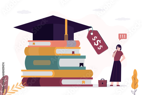 Female student shocked by high price of tuition. graduate hat with price tag lies on stack of textbooks. problem of education accessibility. poor student cannot pay for tuition.