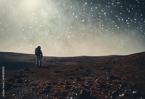 Astronaut on an icy rocky surface with the sky filled with stars and galaxies, AI-generated