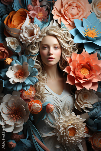 Portrait of a fashion model with swirling colorful hair and colorful flowers as if it were made of plasticine or plastic.