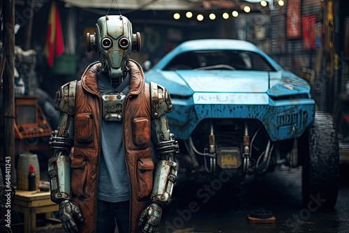 Near future. Robots are replacing human jobs. Robot in an auto repair workshop. He stands in dirty human clothes and looking at camera.