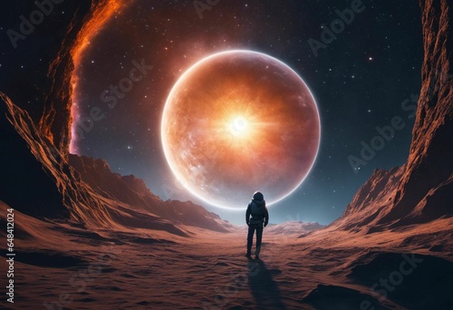 Astronaut on an icy rocky surface with the sky filled with stars and galaxies, AI-generated