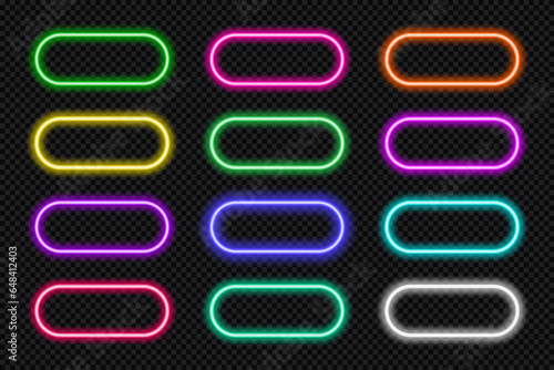 Neon button frames pill set. Glowing coloful rounded rectangle border. Geometric shape action UI elements with copy space. Purple, blue, pink, yellow, green, red color text boxes. Vector illustration.