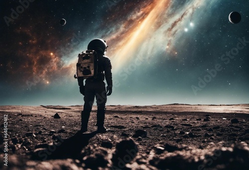 Astronaut on an icy rocky surface with the sky filled with stars and galaxies, AI-generated
