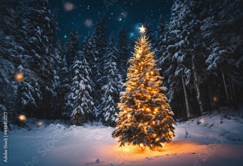 Decorated Christmas tree stands against a snowy backdrop, AI-generated.