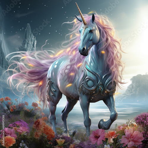 Multicolored Unicorn galloping. Dreem unicorn illustration. © Degimages