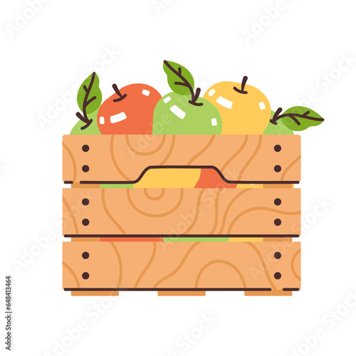 Wooden box with apples. Zero-waste shopping. Flat modern vector illustration.