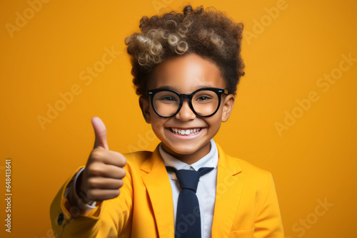 smiling African American schoolboy wearing school uniform show thumb up finger on yellow background